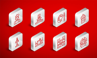 Set line Gargoyle on pedestal, Fountain, Paint brush with palette, French press, Notre Dame, man, cafe and Street light icon. Vector