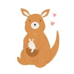 Vector illustration of a cute adult kangaroo with a baby in a pocket