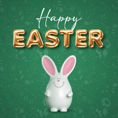 Happy Easter greeting card with 3d gold letters and bunny. Vector illustration