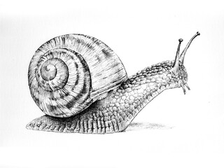 Dibujo realista de un caracol de perfil. Ilustración en blanco y negro. Tinta. Animal. © Bittbrew