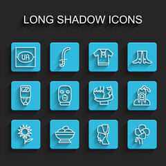 Set line Sunflower, Varenyky in a bowl, Flag of Ukraine, Ukrainian cossack, Poppy, Thief mask, and Monument to founders Kiev icon. Vector