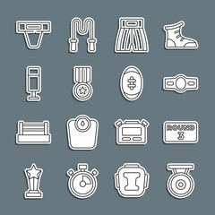 Set line Gong, Boxing ring board, belt, short, Medal, Punching bag, Groin guard and American Football ball icon. Vector