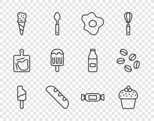 Set line Ice cream, Cake, Scrambled eggs, French baguette bread, in waffle cone, Candy and Coffee beans icon. Vector