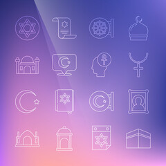 Set line Kaaba mosque, Christian icon, cross chain, Dharma wheel, Star and crescent, Muslim Mosque, of David and Cross ankh icon. Vector