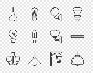 Set line Chandelier, Wall lamp or sconce, Lamp hanging, Light emitting diode, Vintage street light and Fluorescent icon. Vector