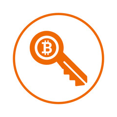 Key, bitcoin, coin icon. Orange vector sketch.