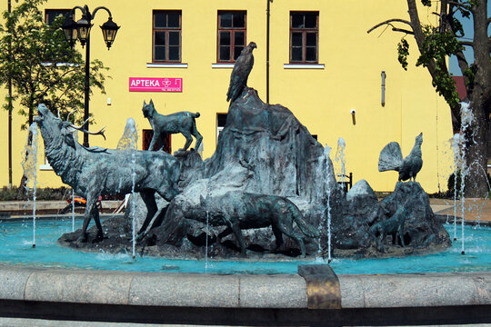 Jozefow, Poland - May 3, 2018: Fountain in the center of Jozefow town in Lublin Voivodeship, a popular tourist center due to its picturesque location.