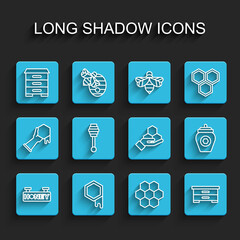 Set line Hanging sign with honeycomb, Honeycomb, Hive for bees, dipper stick, Jar of and and hand icon. Vector