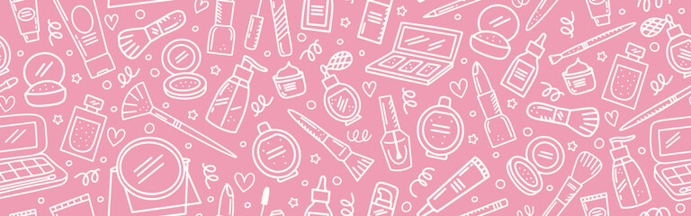 Doodle beauty make up seamless background. Banner with hand drawn cosmetics elements. Brush, nail polish, foundation, perfume, eye shadow, mascara, mirror, cream,  lipstick. Outline vector pattern