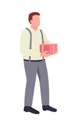 Man giving present semi flat color vector character. Standing figure. Full body person on white. Greeting isolated modern cartoon style illustration for graphic design and animation
