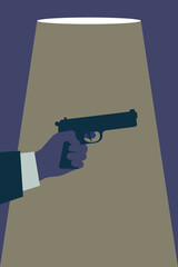 Assassination concept illustration. Hand holding pistol in the light of lamp.