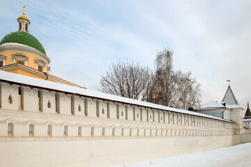 Moscow, Russia - January 7, 2021: Walls and towers of Danilov Monastery and in a winter day
