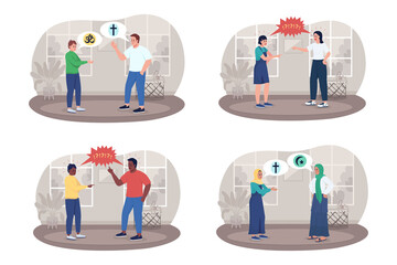 Conflict with parents 2D vector isolated illustration set. Upset teenager arguing with mother and father flat characters on cartoon background. Adolescence colourful scene collection