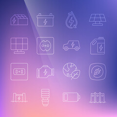 Set line Hydroelectric dam, Electric plug, Eco fuel canister, Water energy, Electrical outlet, Solar panel, and car icon. Vector