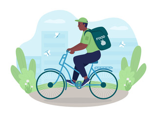 Obraz premium Delivering order on bike 2D vector isolated illustration. Man in uniform riding. Courier on bicycle flat character on cartoon background. Alternative sustainable shipment colourful scene