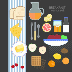 Breakfast food and drink vector flat illustration set