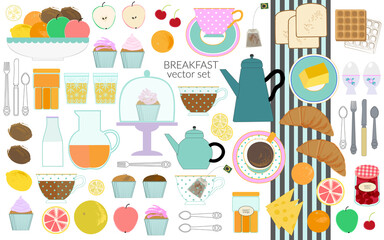 Breakfast food and drink vector flat illustration set