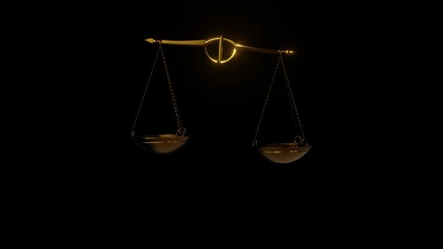 Golden scales represent balance, swinging. The concept of justice and balance. 3d model animation