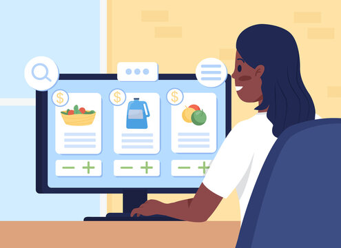 Searching For Groceries Online Flat Color Vector Illustration. Internet Store For Food. Ecommerce And Retail Website. Happy Woman 2D Cartoon Character With Computer Display On Background