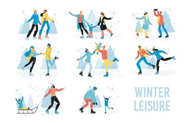 Fototapeta na wymiar Winter leisure vector scene set with people skating on outdoor ice rink having fun. Christmas wintertime recreation on holiday vacation