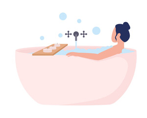 Woman take bath semi flat color vector character. Posing figure. Full body person on white. Relaxing lifestyle isolated modern cartoon style illustration for graphic design and animation