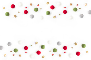 Arrange Christmas decorations on white background with space.