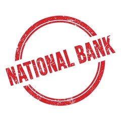 NATIONAL BANK text written on red grungy round stamp.