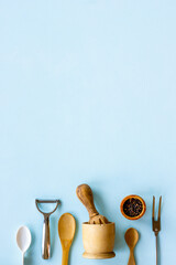 Kitchenware cooking tools and utensils. Cooking background, flat lay