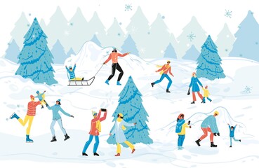 Happy people having fun in snowy park. Winter forest nature holiday landscape