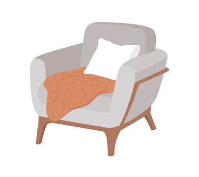 Comfortable armchair with pillow semi flat color vector item. Grey chair. Realistic object on white. Modern interior isolated modern cartoon style illustration for graphic design and animation