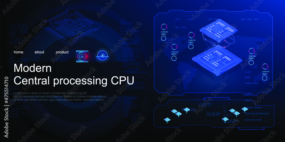 Poster cyber advertising banner with new generation processor. chip for processing large amounts of informa
