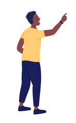 Smiling guy pointing with finger semi flat color vector character. Standing figure. Full body person on white. Gesture isolated modern cartoon style illustration for graphic design and animation
