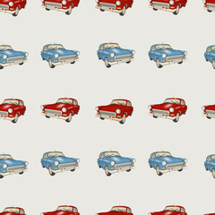 Retro automobile seamless pattern . Red and blue cars.Old classic cars on a grey background. Texture