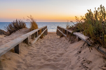 Wooden walkway covered in sand to the sea at sunset. Boardwalk. Landscape. Seascape.

Pasarela de...