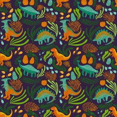 Seamless pattern with cute dinosaurs and tropical leaves. Great for baby textiles, wallpaper.
