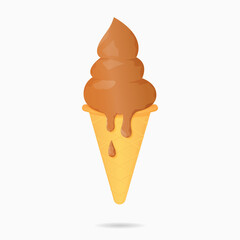 Illustration of ice cream in a waffle cone. Ice cream chocolate, chocolate flows down the waffle cone. Isolated white background. Vector illustration.