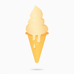 Illustration of ice cream in a waffle cone. Ice cream drips onto the waffle cone. Isolated white background. Vector illustration.