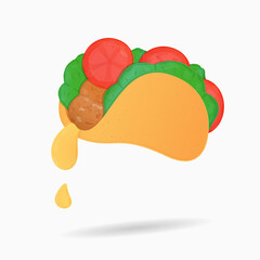 Illustration of tacos with meat, tomatoes, lettuce and cheese. The cheese flows down.  Isolated white background. Vector illustration.