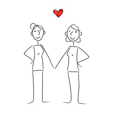 Stick figure lesbian couple holding hands with red heart