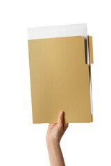 Woman holding yellow file with documents on white background, closeup