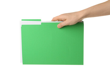 Woman holding light green file with documents on white background, closeup