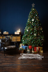 New Year's interior, holiday, Christmas, cozy and warm. Christmas tree and fireplace 