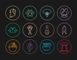 Set line Korean gate, Ginseng root, Traditional fan, Sushi with chopsticks, Kimono, South map, Soju bottle and icon. Vector