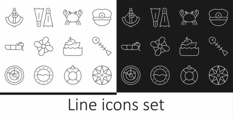 Set line Wind rose, Dead fish, Crab, Boat propeller, Inflatable boat with motor, Anchor, Cruise ship and Flippers for swimming icon. Vector
