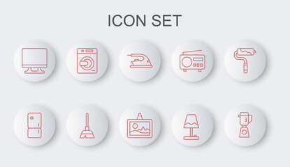 Set line Blender, Refrigerator, Electric iron, Table lamp, Smart Tv, Washer, Handle broom and Picture icon. Vector