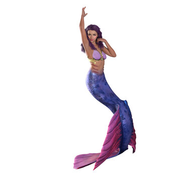 Beautiful and sexy fantasy mermaid girl with purple hair. 3D illustration isolated on a white background.