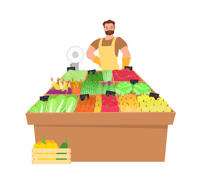 Seller of fresh vegetables and fruits. A street stall with farm vegetables and fruits. Farm food. Vector illustration on a white background.