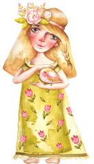 Girl with pink bird and arim of pink peonies by hand drawn in watercolor. Boho stile. A warm tone