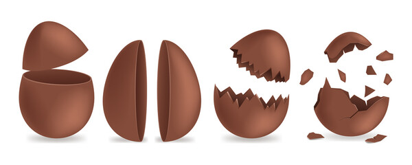Realistic chocolate eggs broken, halves and whole, vector illustration isolated. Sweet easter holiday symbol. Vector dessert made of dark cocoa.