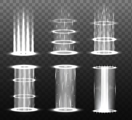 Teleport light effects vector illustration, various sci-fi or magical portals isolated on a transparency background. White energy circles and rays on. Level up effect.